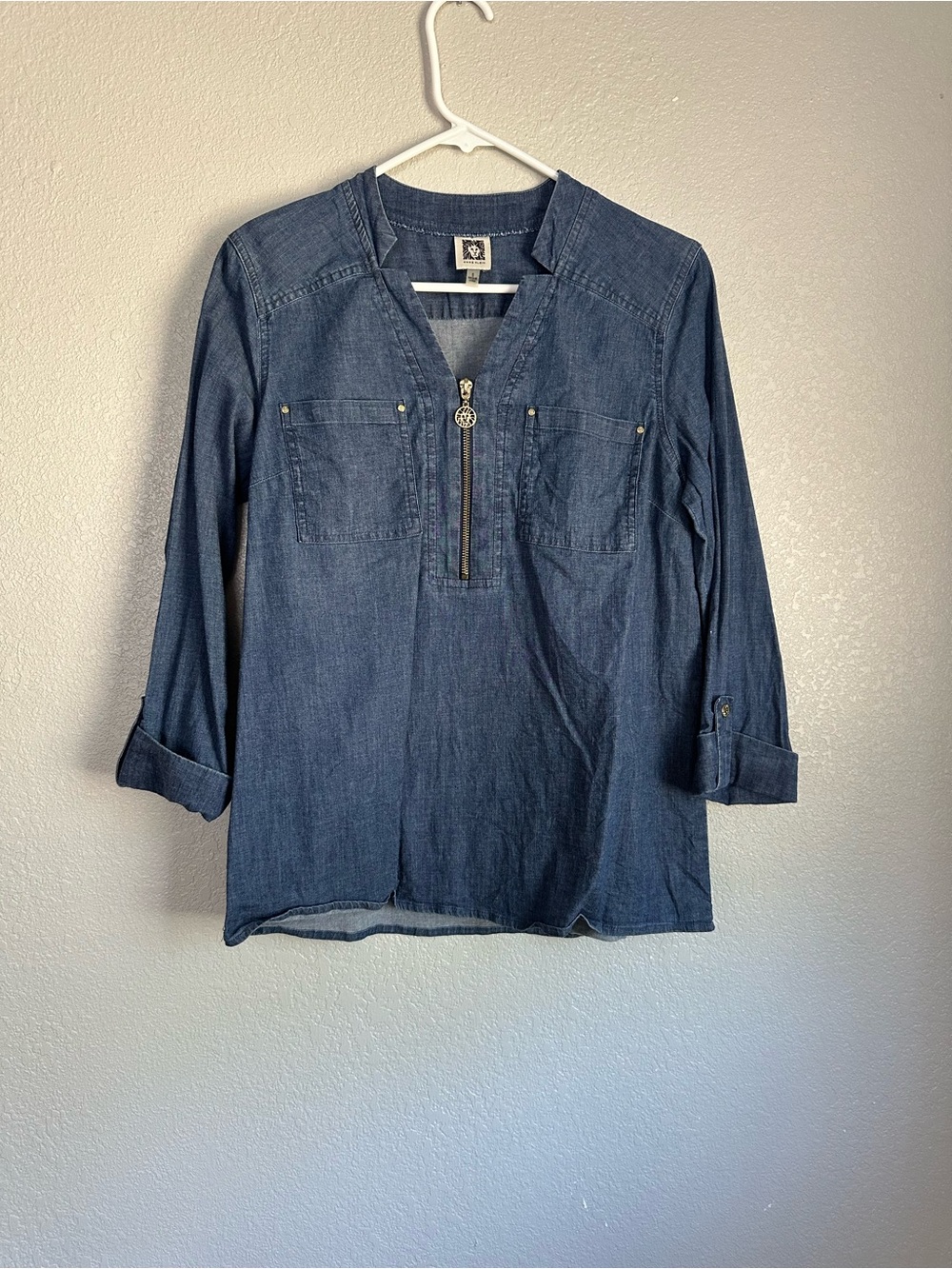 Anne Klein 3/4 Sleeve V-Neckline Denim Blouse Top